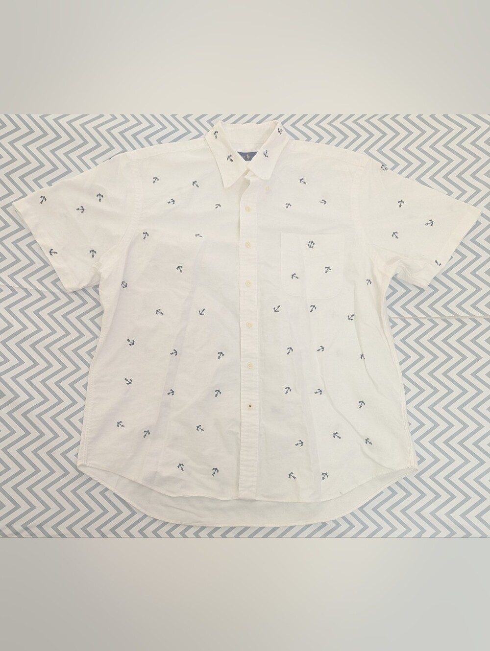 RALPH LAUREN Button Down Shirt Men's XL White Navy Anchors Short Sleeve
